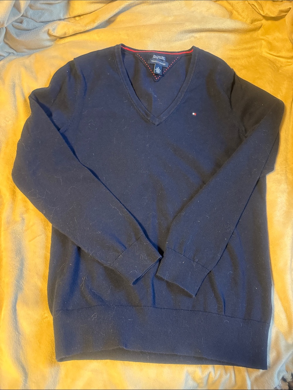 Tommy Hilfiger Men's Navy V-Neck Sweater with Signature Flag